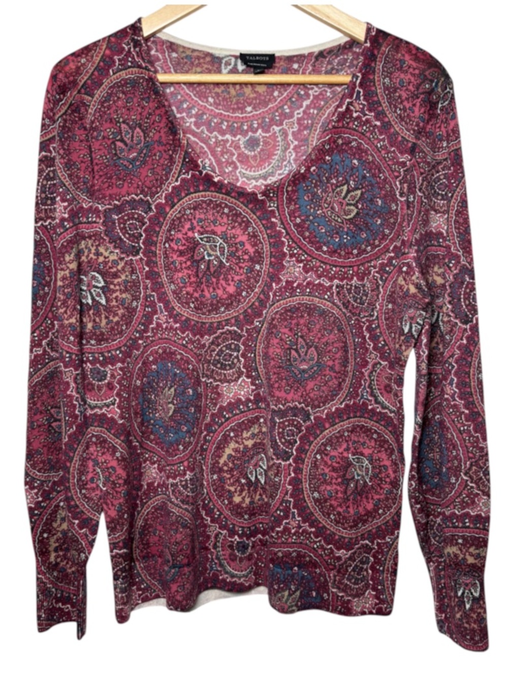 Talbots Merino Wool Sweater Top Long Sleeve Women's Large Burgundy Paisley NWOT